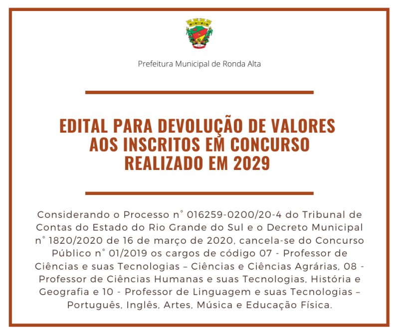 EDITAL DE DEVOLUÇÃO DE VALORES AOS INSCRITOS EM CONCURSO DE 2019